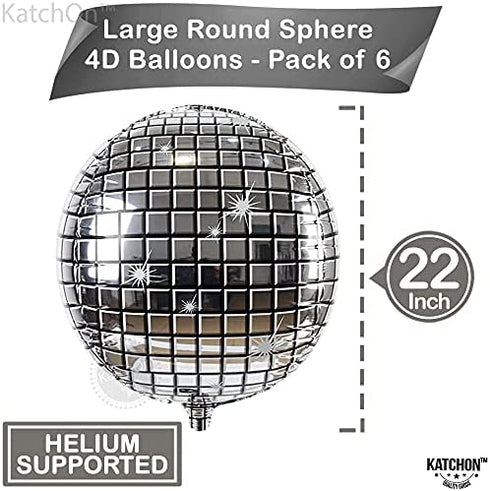 Big, Silver Disco Ball Balloons - 22 Inch, Pack of 6 | 4D Sphere Round Metallic Disco Balloons for Disco Party Decorations | Disco Ball Decorations for Bachelorette Party Decorations, 70s Theme Party