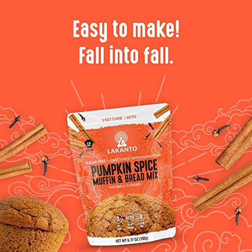 Lakanto Sugar Free Pumpkin Spice Muffin and Bread Mix - Sweetened with Monk Fruit, Keto Diet Friendly, Gluten Free, Dairy Free, 1g Net Carbs - Makes 12 Muffins