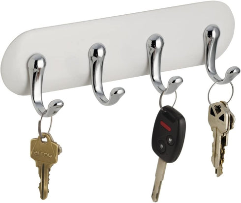 iDesign AFFIXX, Peel and Stick Strong Self-Adhesive Key Storage Rack for Office, Entryway, Kitchen - 4 Hooks, White/Chrome
