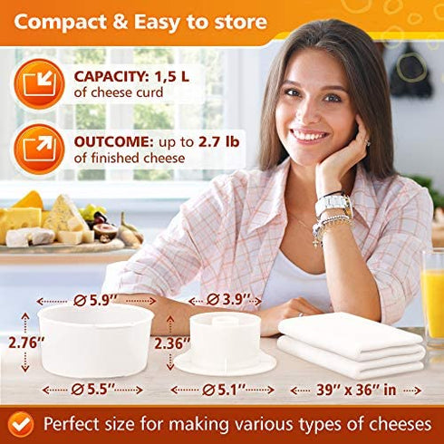 Cheese Mold with a Follower and Cheesecloth – Cheese Making Kit – Cheesemaking Supplies – Cheese Set for Press – Reusable Cheesecloth – 100% Cotton Cloth for Straining – Paneer Maker