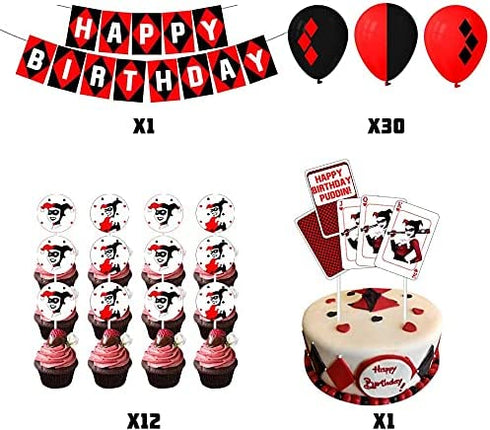 JUZIPI Harly Quinn Birthday Party Decorations Supply Accessories Bunting Banner Balloon Cute and Lovely Birthday Decorations Garland Set for Kids Children Boys and Girls