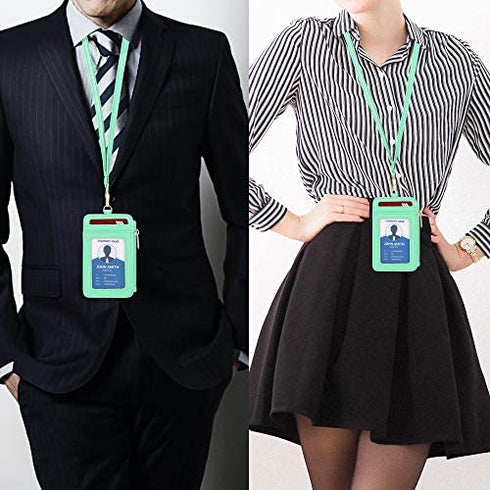 Leamekor ID Badge Holder with Neck Lanyard PU Leather ID Badge Wallet Case with 1 ID Window, 4 Card Slots, 1 Side Zipper Pocket