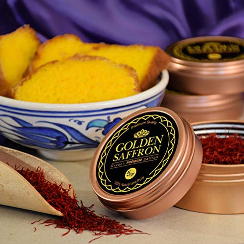 Golden Saffron, Finest Pure Premium All Red Saffron Threads, Grade A+ Super Negin, Non-GMO Verified. For Tea, Paella, Rice, Desserts, Golden Milk and Risotto (5 Grams)