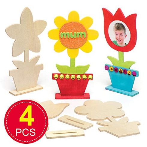 Baker Ross AR264 Wooden Flower Blanks for Kids - Pack of 4, Woodcraft Painting Craft Kits for Kids Art Activities