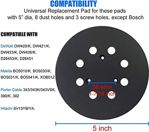 5 Inch 8 Hole Hook-&-Loop Replacement Sander Pad for Porter Cable 343, 390K, 382, Random Orbit Sanders