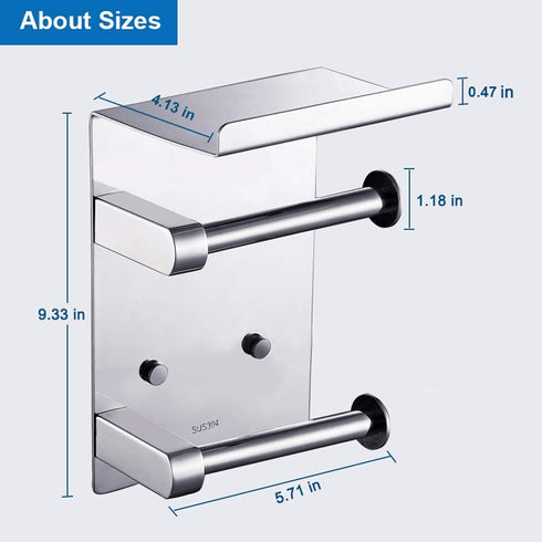FANHAO Adhesive Toilet Paper Holder, Double Roll Toilet Tissue Holder with Shelf for Bathroom Kitchen, 3M Self Adhesive No Drilling or Wall-Mounted, SUS304 Stainless Steel Polished