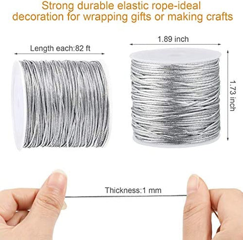 2 Rolls Metallic Elastic Cords Stretch Cord Ribbon Metallic Tinsel Cord Rope for Craft Making Gift Wrapping, 1 mm 55 Yards (Silver)