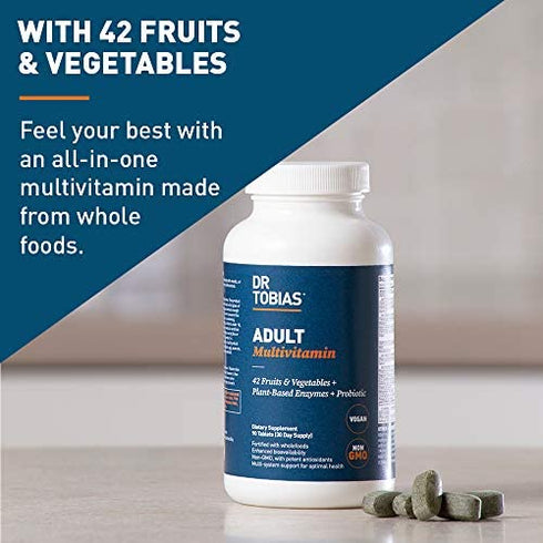 Dr. Tobias Adult Multivitamin Supplement, with 42 Fruits & Vegetables, Added Probiotics, Vegan, Non-GMO daily vitamin for women & men, Supports Energy, Metabolism & Immune System- 90 Capsules, 3 Daily