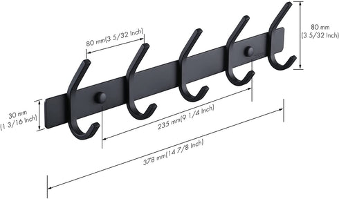 KES Wall Coat Hook Rack with 5 Robe Hooks Heavy Duty Towel Hanger Stainless Steel Matte Black, AH203H5-BK