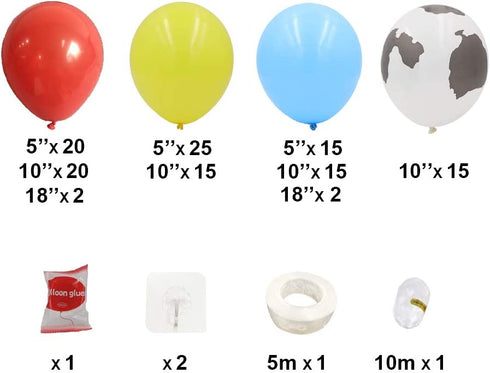 Cow Pattern Printed Balloon Arch Toy Story Theme Party Supplies 129pcs Red Yellow Blue Balloons Garland Kit for Mario Toy Story Theme Birthday Party, Baby Shower, Farm Circus Carnival Party