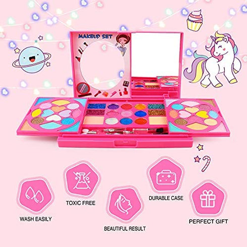 AMOSTING Kids Makeup Kits for Girls,Kids Washable Makeup Kit with Mirror,Girls Play Makeup Princess Toys for Kids,Make Up Toy Cosmetic Kit Gifts for Toddler Kids
