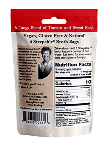 MILLIE'S SIPPING BROTH Steepable Vegetable Broth with Savory Seasonings for Snack Urges | Vegan, Keto, Gluten Free, Intermittent Fasting, and natural | (4 Pack Assortment - 12 Broth Bags Total)