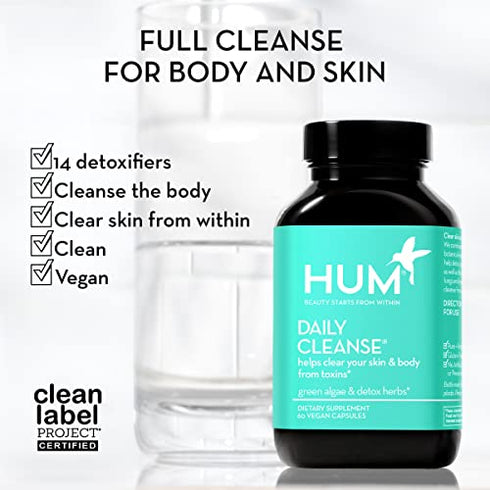 HUM Daily Cleanse Clear Skin Herbal Supplements - Improved Digestive Health + Natural Detoxification Support with Green Algae, Detoxing Herbs & Minerals - Body Detox & Skin Supplement (60 Capsules)