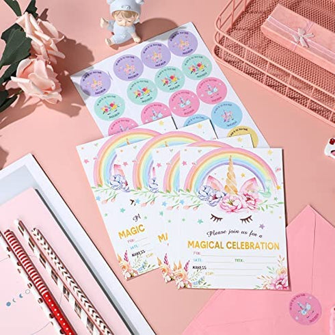 24 Pack Unicorn Birthday Invitation Unicorn Party Invitation Unicorn Invitation Card, 30 Rainbow Unicorn Sticker Labels, 24 Envelope Unicorn Party Supplies for Birthday ()