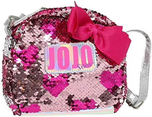 Jojo Siwa Crossbody Purse for Girls, Glitter Brushed Sequins with Bow, Little Girl's Lightweight Messenger Bag, Sling Bag for School and Outings, Pink Hearts with Adjustable Silver Strap
