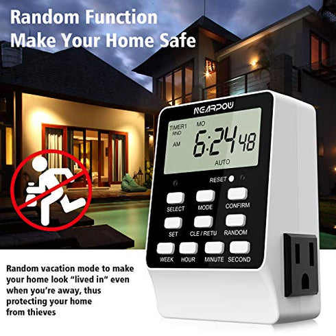 Outlet Timer, NEARPOW Dual Digital Light Timer with 2 Independently-controlled Outlets, 18 ON/OFF Programs, 24-Hour and 7-Day Programmable,Indoor Heavy Duty Electrical Timer Switch, 3 Prong, 15A/1800W