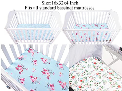 Floral Bassinet Sheet Set 3 Pack Jersey Knit Ultra Soft Stretchy Compatible with Halo,Graco,Dream On Me,MiClassic,Chicco Lullago,Delta,4Moms,Mika Micky Mattress and More for Baby Girl Boy Blue