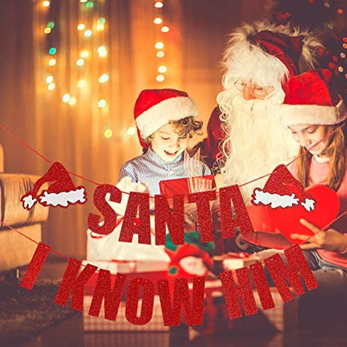 Santa I Know Him Banner Red Glitter - Buddy The Elf Party Supplies, Grinch Cutout, Buddy Elf Decorations, Christmas Party Decorations, Santa Cutout, Santa Face Cutout, Christmas Mantle Home Decor