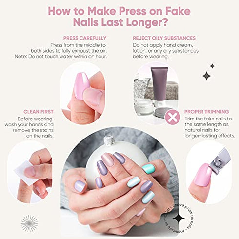 240PCS Press on Nails, OPOVE Short Acrylic glossy Nails Coffin Medium Length, Professional Nail Art Tips Set, Fake Nails with Nail File, Cuticle Stick, Stick on False Artificial Nails with Solid Color