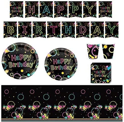 Glow Party Supplies-Complete Pack Glow Party Tableware Including Plates, Cups, Napkins for Glow Birthday, Roller Skating, Ice Skating,Dance Party Serves 16