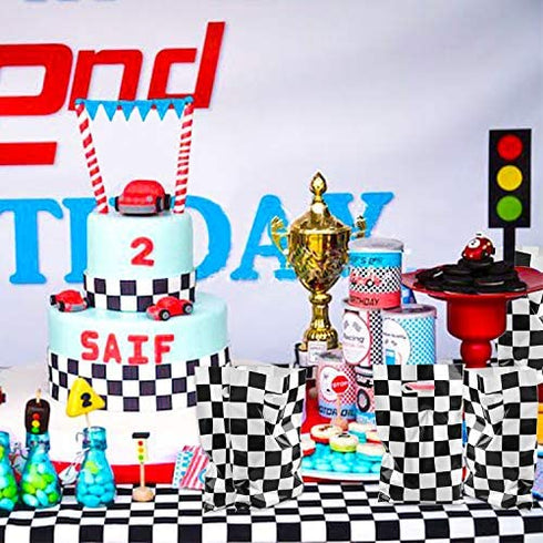 BeYumi 50Pcs Checkered Racing Treat Bags with 4Pcs Stickers, Race Car Theme Party Favor Bags, Plastic Goodies Candy Treat Bags Return Loot Bags Party Supplies for Kids Birthday and Sport Event