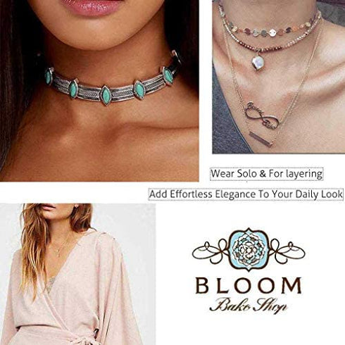 Olbye Turquoise Necklace Silver Short Necklace Choker Personalize Boho Necklace Jewelry for Women and Girls