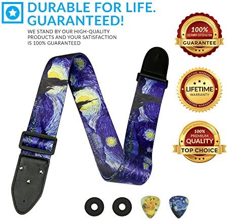 Van Gogh "Starry Night" Guitar Strap Christmas Gift Includes 2 Strap Locks & 2 Matching Picks. Adjustable Guitar Strap - Stocking Stuffer for Men Women Guitarist for Bass, Electric & Acoustic