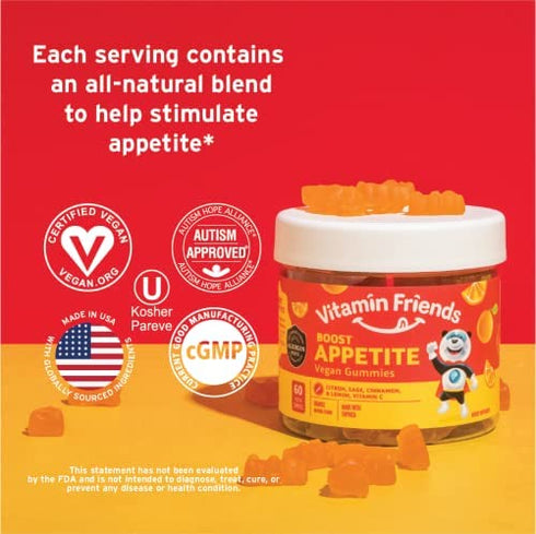 Vitamin Friends All Natural Vegan Children's Appetite Stimulant and Weight Gainer with Boost Appetite Gummies, 1 Pack, 60 Count, Orange Flavor Vitamin