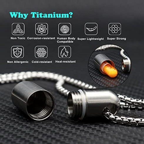 Haxtec Small Pill Box Titanium Mini Pill Case W/ 24" Rolo Chain Necklace Tiny Pill Fob for Men Waterproof Pill Holder Emergency Aspirin & Nitro Pill Container