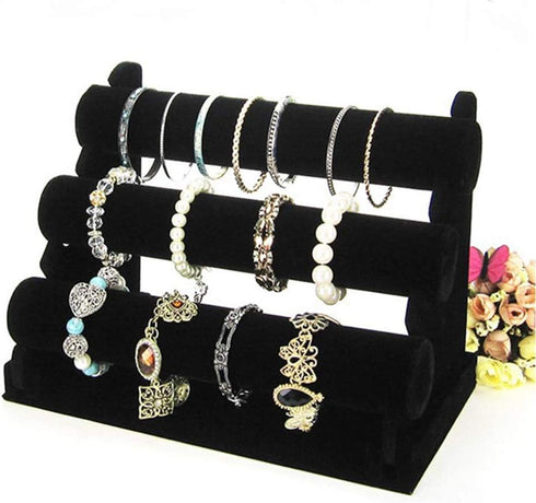 Black Velvet Bracelet & Necklace T-Bar 3 Tier Jewelry Display