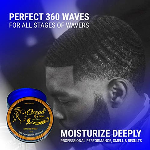 OCEAN VIEW DEEP WAVES POMADE- Water-Based Hair Cream for 360 Wave Training and Wolfing- Silky Smooth Application and Styling, Strong Hold, Easy Wash- Waver and Barber Accessories - 4oz Tin Can
