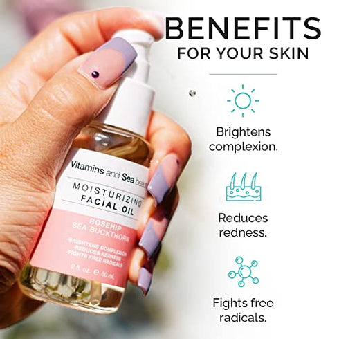 VITAMINS AND SEA BEAUTY Face Oil Day Moisturizer Hydrating Facial Oil Concentrate Gentle with Rosehip and Sea Buckthorn, All Skin Types, 2 Fl Oz