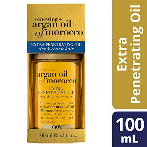 OGX Extra Strength Renewing + Argan Oil of Morocco Penetrating Hair Oil Treatment, Deep Moisturizing Serum for Dry, Damaged & Coarse Hair, Paraben-Free, Sulfated-Surfactants Free, 3.3 fl oz