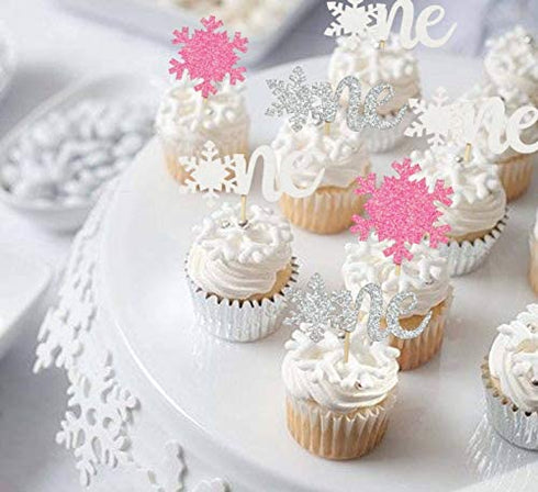 Glitter Winter Onederland Birthday Cake Topper( set of 1 ) and Snowflakes One Winter Wonderland Cupcake Toppers ( set of 12 ) Winter First Birthday Party Decorations Baby Girls 1st Birthday