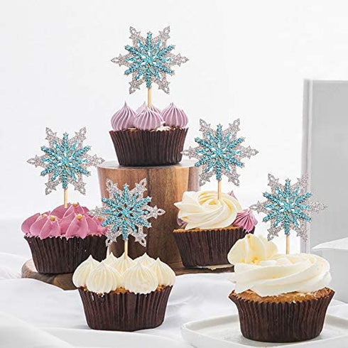 Ercadio 24 Pack Snowflake Cupcake Toppers Double Layers Silver and Blue Winter Theme Cupcake Picks Baby Shower Kids Birthday Party Christmas Cake Decorations Supplies