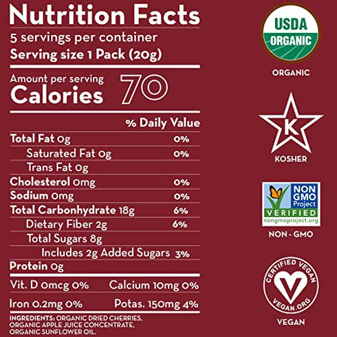 ORGANIC Dried Tart Cherries - Sunny Fruit - (5) 0.7oz Portion Packs per Bag | Purely Cherries - NO Added Sugars, Sulfurs or Preservatives | NON-GMO, VEGAN, HALAL & KOSHER