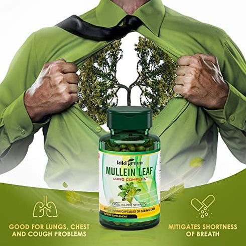 KIKI Green Mullein Leaf Herb Capsules -1000 mg Herbal Lung Cleanse, Respiratory and Lung Health, Lung Detox for Smokers, Mullein Tea Bags for Lungs | 90 Vegan Pills