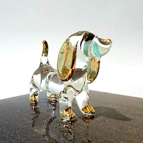 Sansukjai Dachshund Miniature Figurines Dog Animals Hand Blown Glass Art Gold Trim Collectible Gift Decorate (Clear Gold)