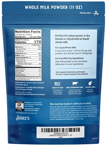Judee’s Pure Whole Milk Powder 11 oz - 100% Non-GMO, rBST Hormone-Free, Gluten-Free and Nut-Free - Pantry Staple, Baking Ready, Great for Travel, and Reconstituting - Made in USA