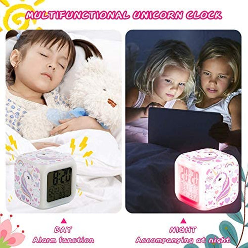 TOUCH X Girls Alarm Clocks, Unicorn Night Light Kids Alarm Clocks with 4 Sided Unicorn Pattern&9 Kinds of LED Glowing Wake Up Bedside Clock Gifts for Unicorn Room Decor for Girls Bedroom