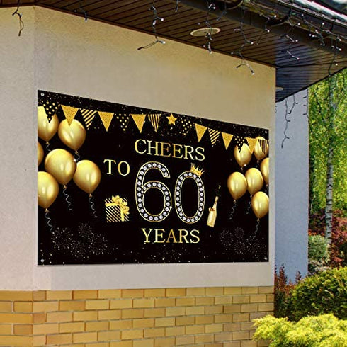 Happy 60th Birthday Party Backdrop Banner, Extra Large Fabric Black Gold Cheers to 60 Years Backdrop Anniversary Decoration Background Banner for Men Women 60th Birthday Party Supply, 72.8 x 43.3 Inch