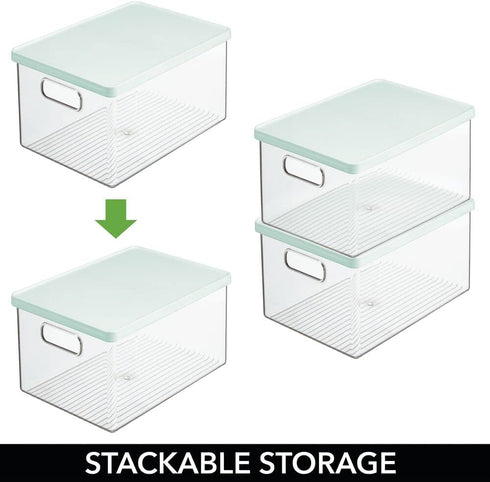 mDesign Plastic Bathroom Under Cabinet Stacking Storage Organizer Bin Box with Lid - Holds Soap, Body Wash, Shampoo, Lotion, Conditioner, Towels, Accessories, Body Spray, Mouthwash - Clear/Mint