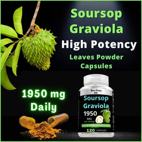 1950mg Soursop Graviola Capsules (Guanábana) Organic Leaves Powder Rich in Powerful Anti-Oxidants - 120 Capsules 40 Servings