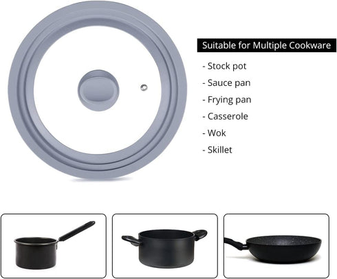 Universal Lid for Pots and Pans,Heat-Resistant Tempered Glass Frying Pan Lids One Size Fits All, Diameter Cookware Dishwasher Safe, Grey 3 In 1 Work Bakeware Silicone Pans Lids(7.9œ 8.7? 9.5œ, Grey)
