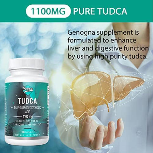 Genogna TUDCA 1100mg-Liver Support Supplement for Detox Cleanse, Water-Soluble Bile Salts with Strong Bitter Taste, 60 Vegan Capsules,Non-GMO,Gluten-Free