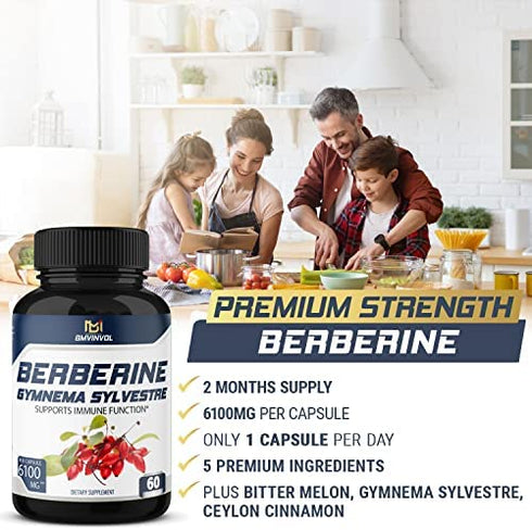 5-in-1 Berberine Supplement 6100mg with Ceylon Cinnamon, Gymnema Sylvestre, Bitter Melon & Black Pepper - Supports Immune Function, Cardiovascular Heart (60 Count)