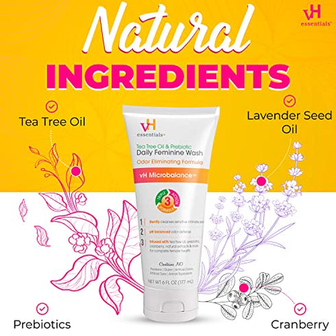 vH essentials, Ph Balanced Daily Feminine Wash, Tea Tree Oil & Prebiotic, 6, Fl Oz, (Pack Of 1) 54306 Clear