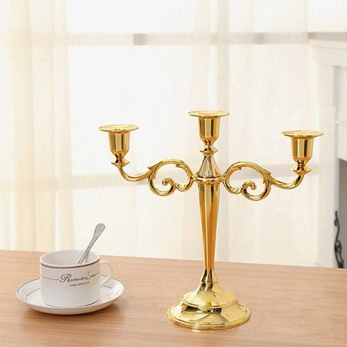 WEISIPU 3 Arms Candle Holder Metal Pillar Candle Stick Wedding Event Candelabra (Gold)