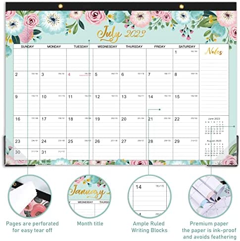 2023-2024 Desk Calendar - 18 Monthly Desk/Wall Calendar 2-in-1,16.8" x 12", Jan 2023 - Jun 2024, Thick Paper with Corner Protectors, Large Ruled Blocks - Floral
