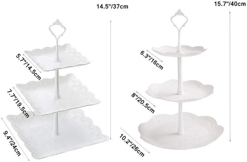 2 Set 3-Tier White Dessert Cake Stand, Plastic Pastry Stand Small Cupcake Stand Cookie Tray Rack Candy Buffet Set Up Fruit Plate and Trays for Wedding Home Birthday Party Decor Serving Platter